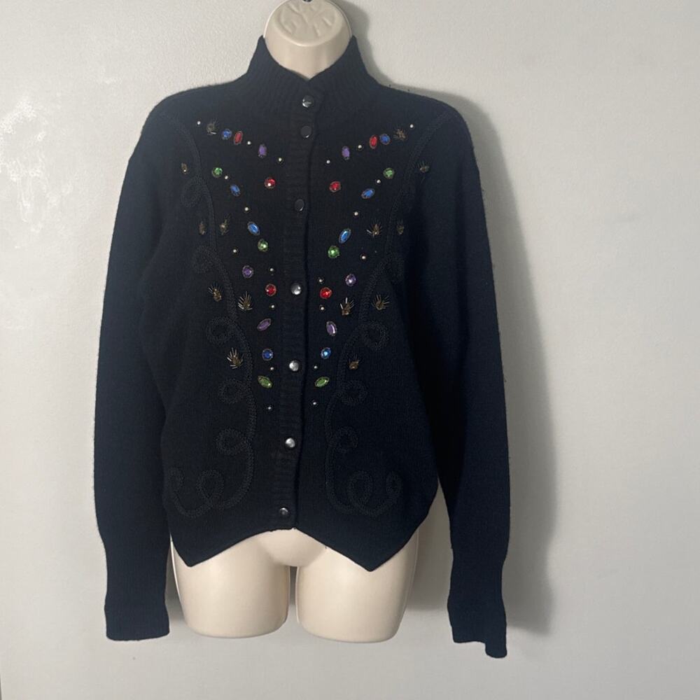 Sans Souci Vintage Jewel Tone Embellished Black‎ Button Front Cardigan Sweater S